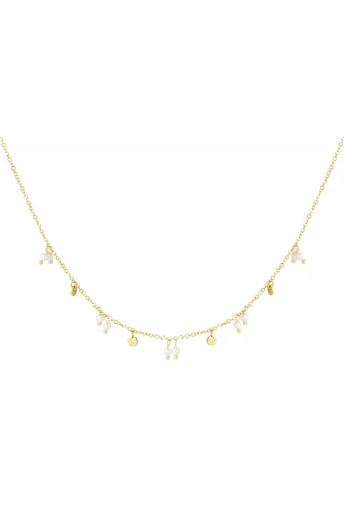 Goldene Damen Halskette mit kleinen Perlen und filigranen Anhängern, eleganter feiner Schmuck