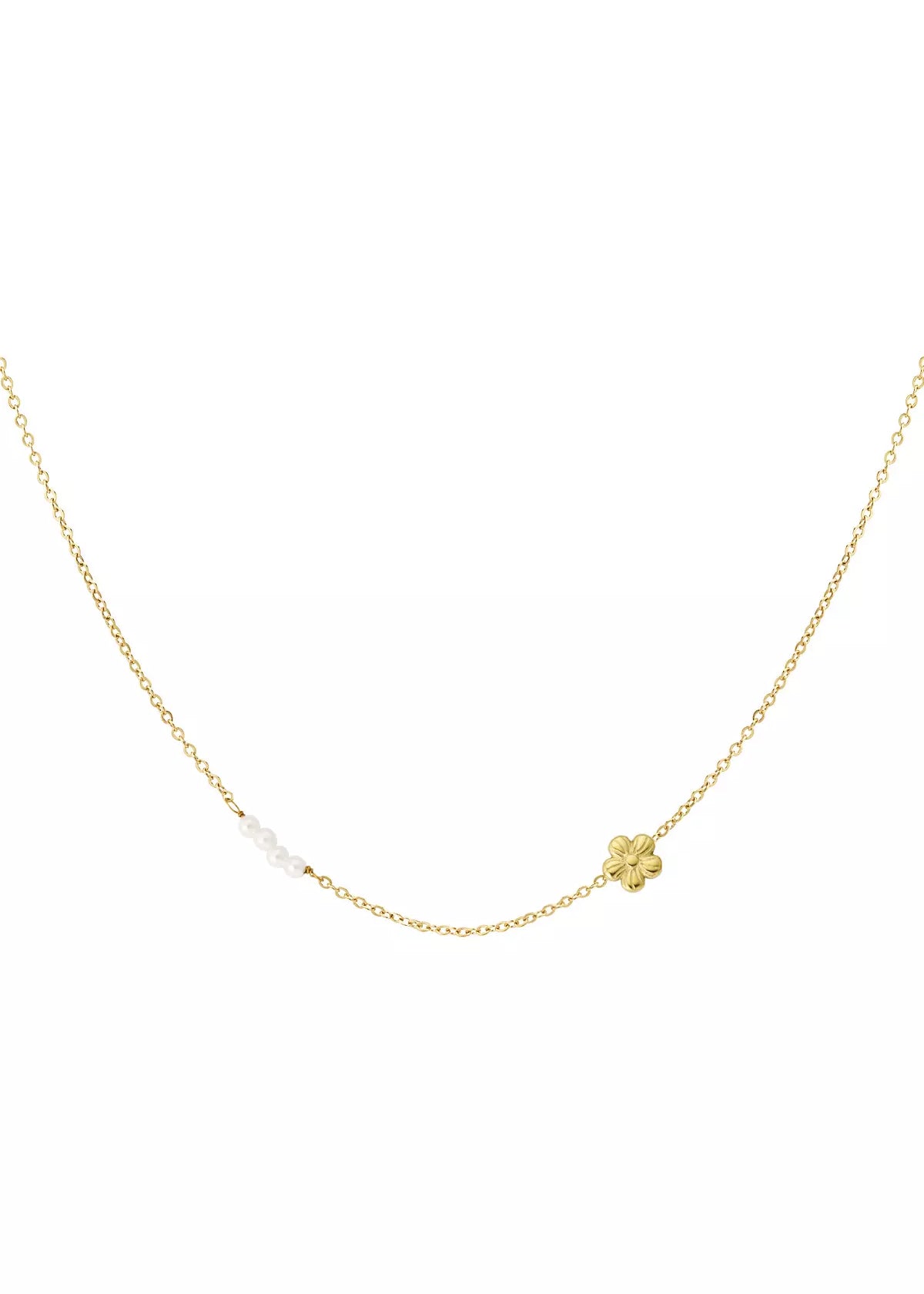 Goldene Halskette für Damen mit Blumen Anhänger und feinen Perlen, filigraner zeitloser Schmuck