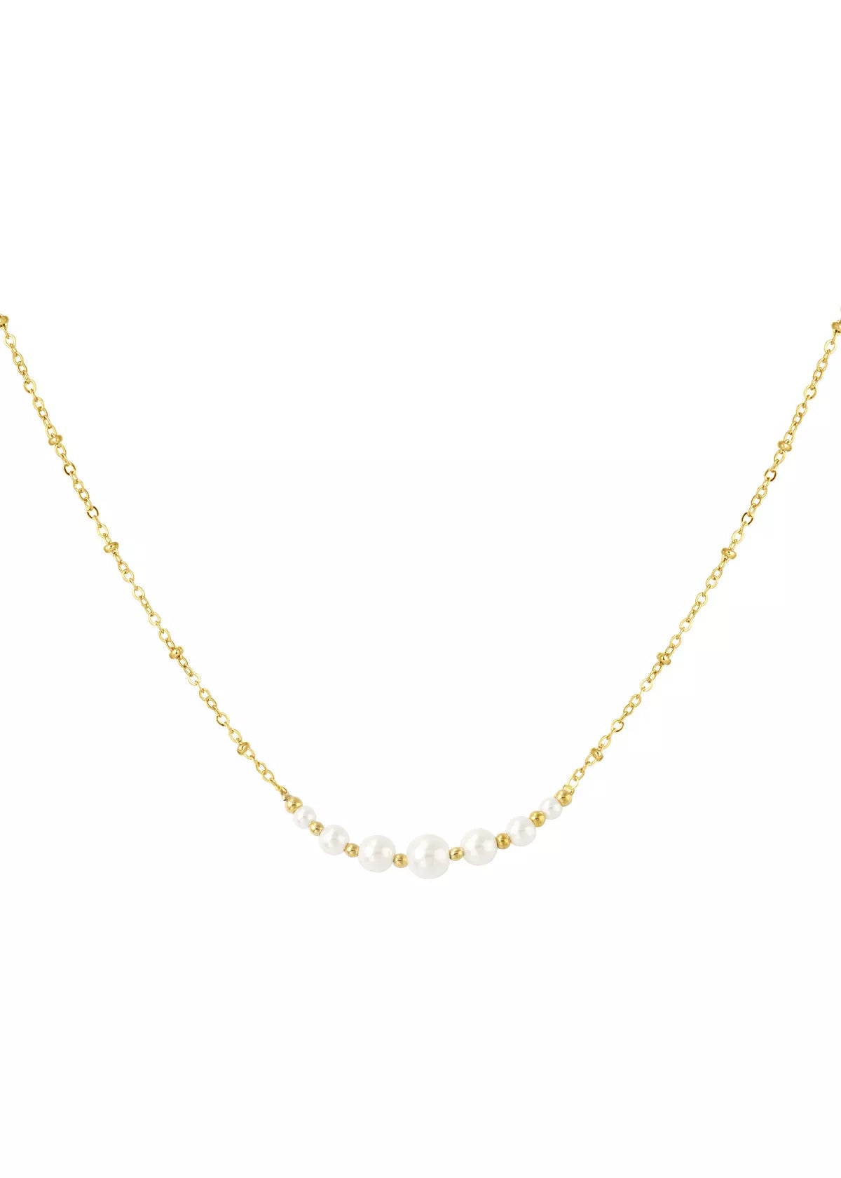 Filigrane goldene Halskette mit kleinen Perlen mittig, stilvoller und minimalistischer Damenschmuck