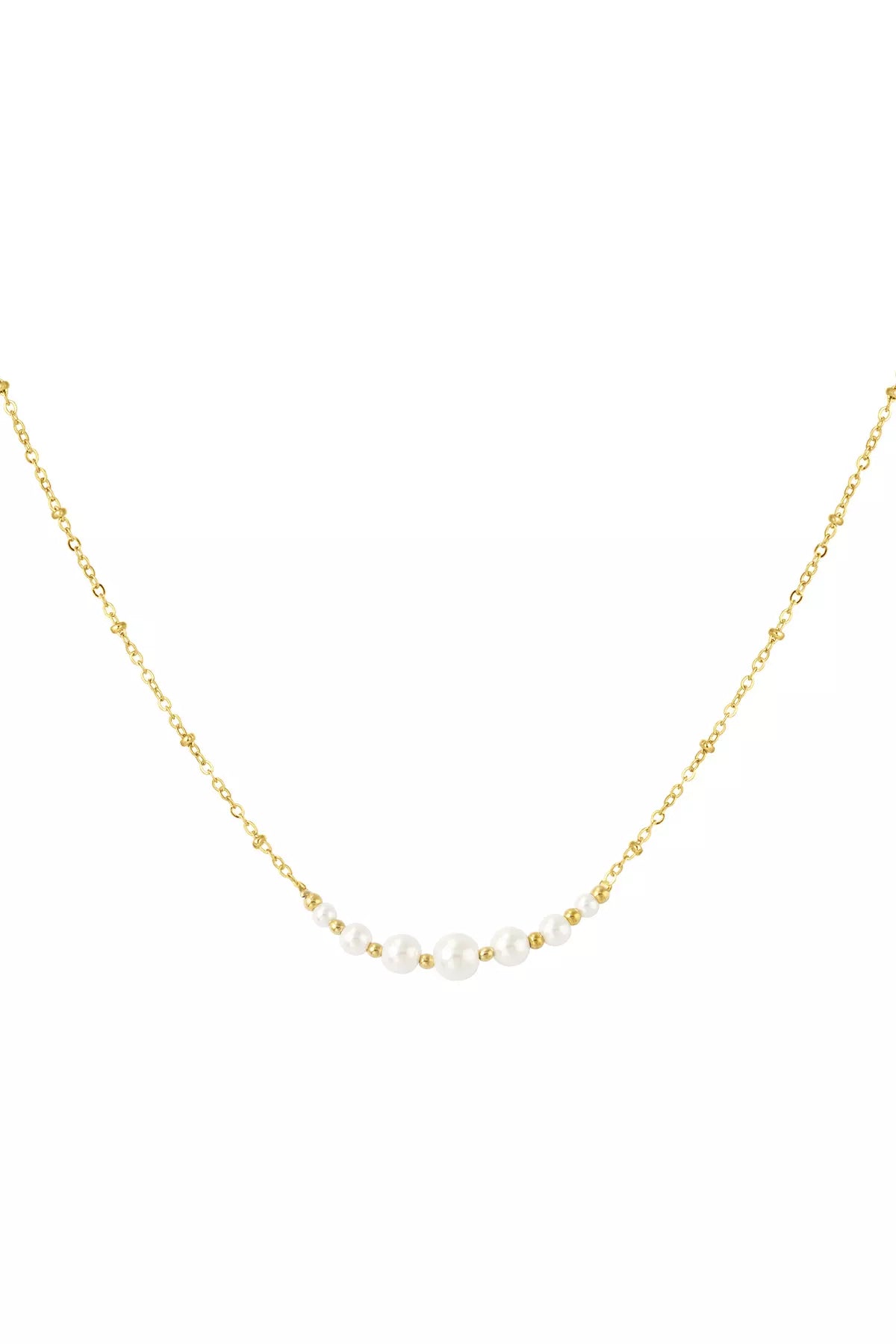 Filigrane goldene Halskette mit kleinen Perlen mittig, stilvoller und minimalistischer Damenschmuck