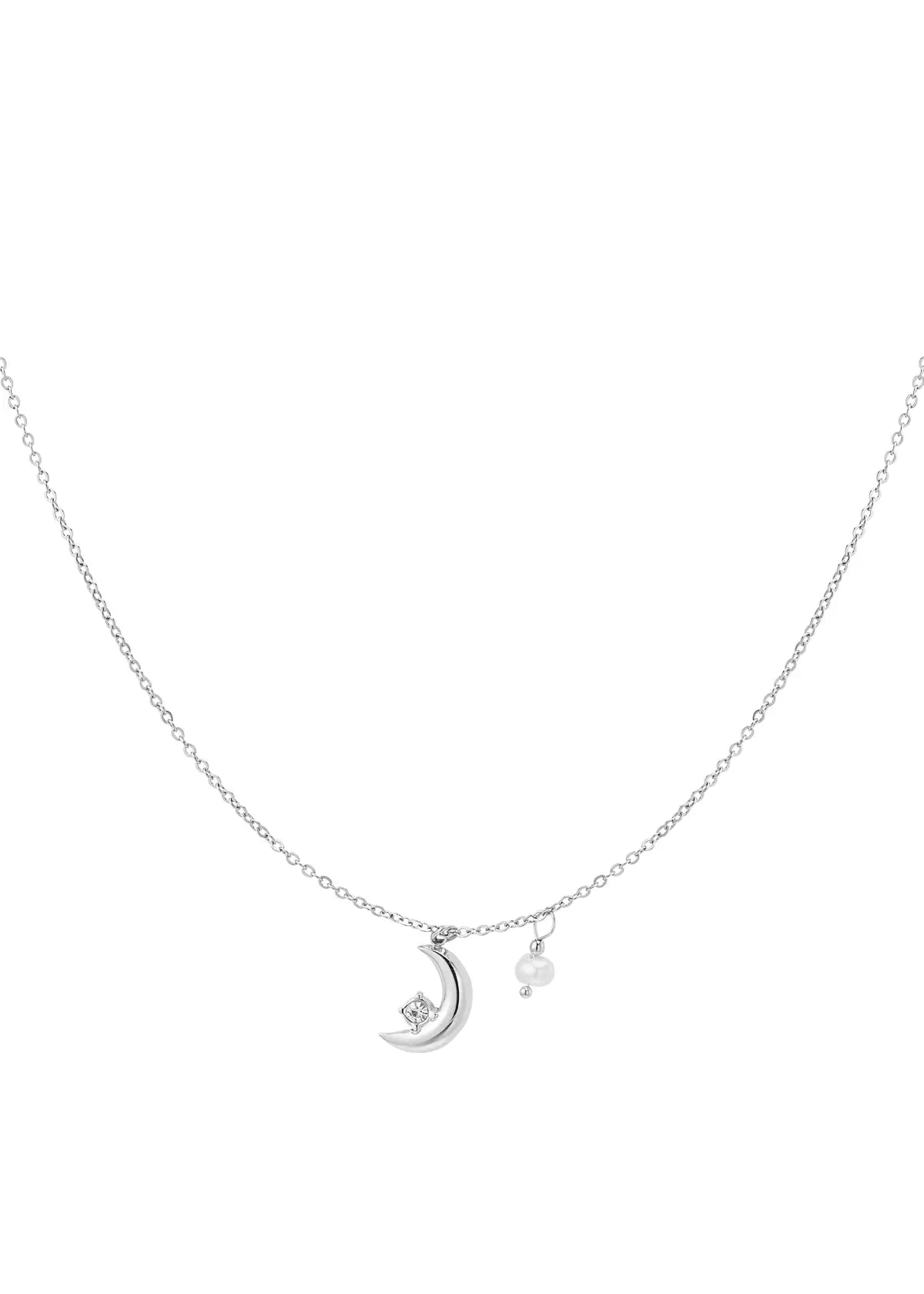 Zarte Mond Halskette mit Perle und Strassstein aus Edelstahl. Wasserfest, allergiefreundlich und verstellbar. Femininer Schmuck von OLANA W.