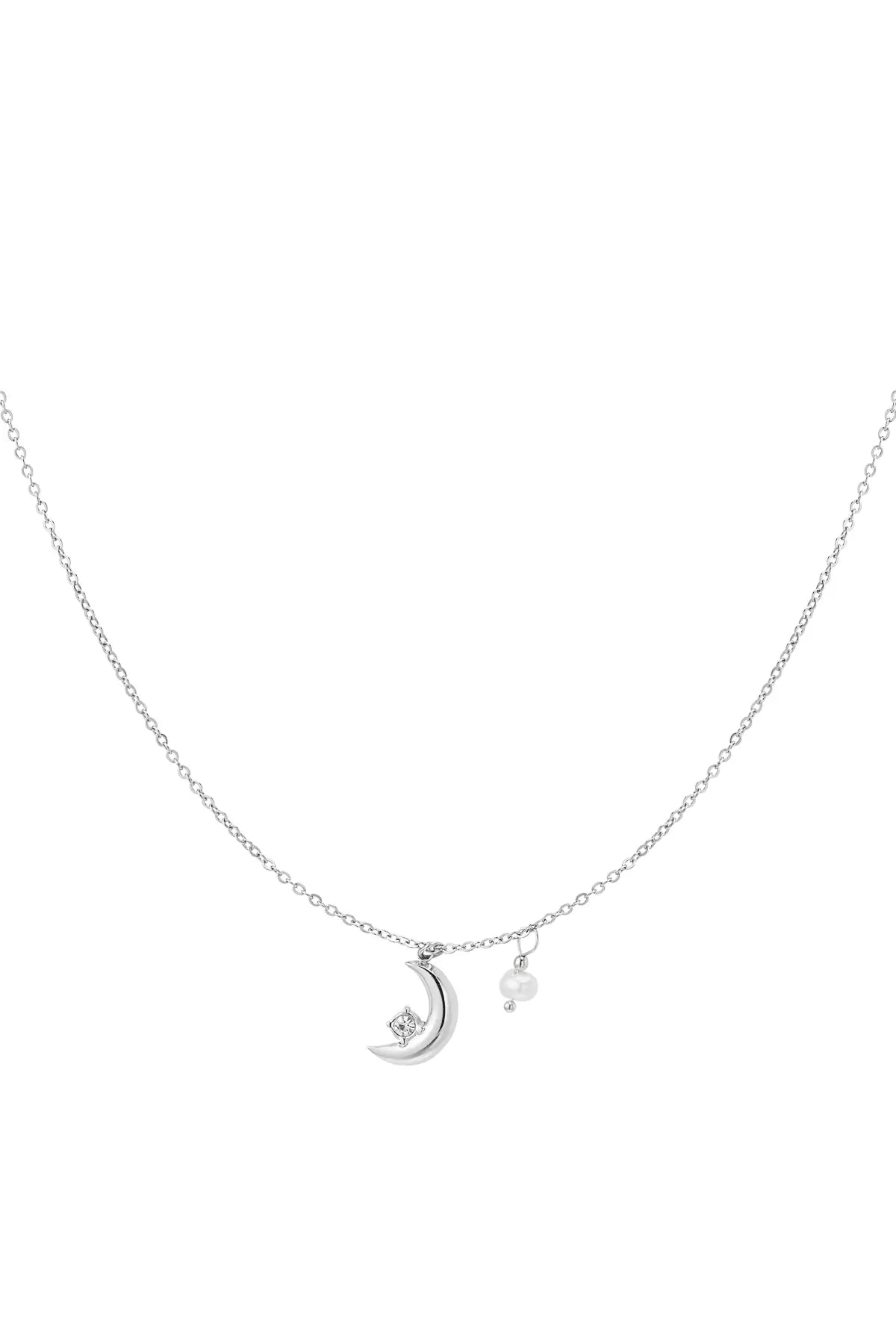 Zarte Mond Halskette mit Perle und Strassstein aus Edelstahl. Wasserfest, allergiefreundlich und verstellbar. Femininer Schmuck von OLANA W.