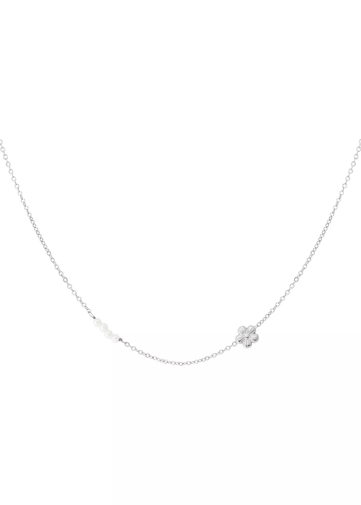 Wasserfeste silberne Halskette für Damen mit Blumen Anhänger und kleinen Perlen, filigraner eleganter Schmuck