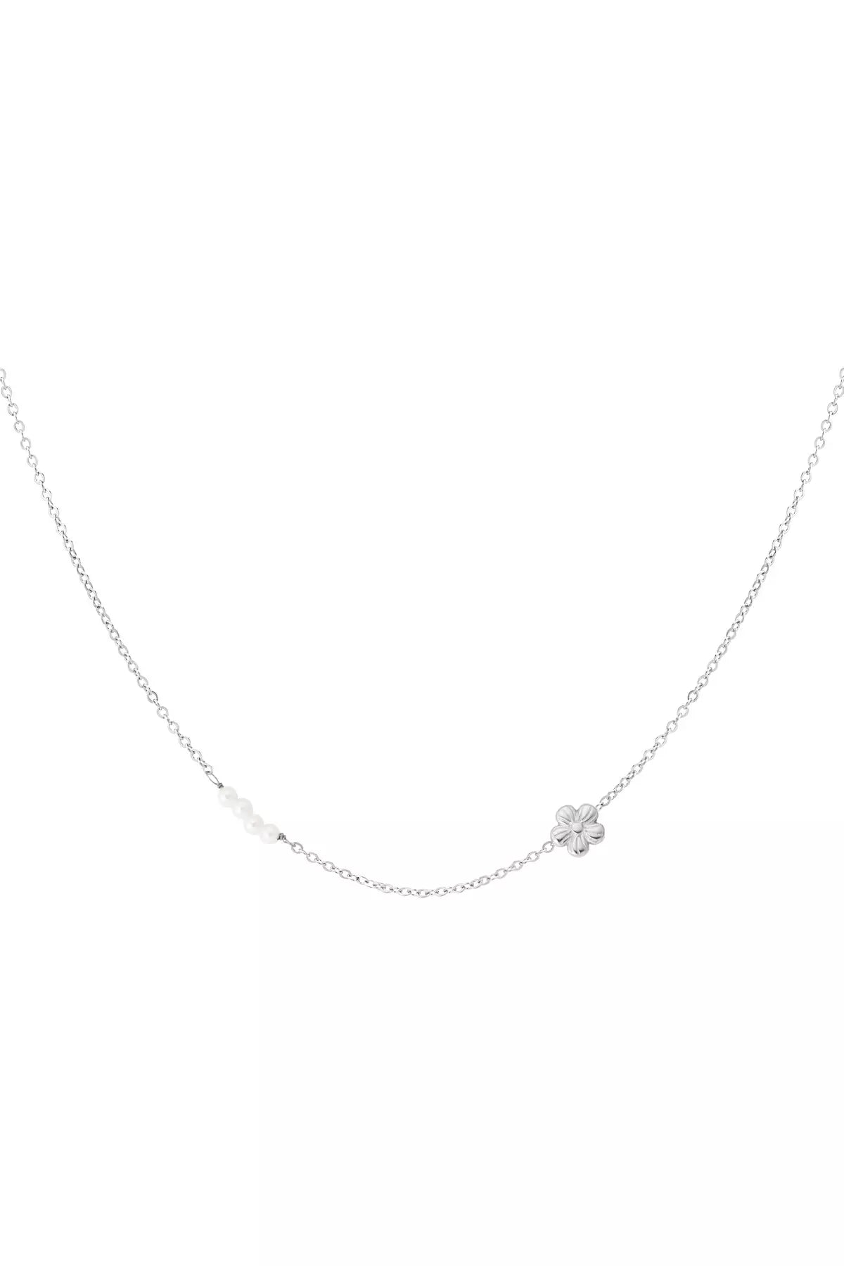 Wasserfeste silberne Halskette für Damen mit Blumen Anhänger und kleinen Perlen, filigraner eleganter Schmuck