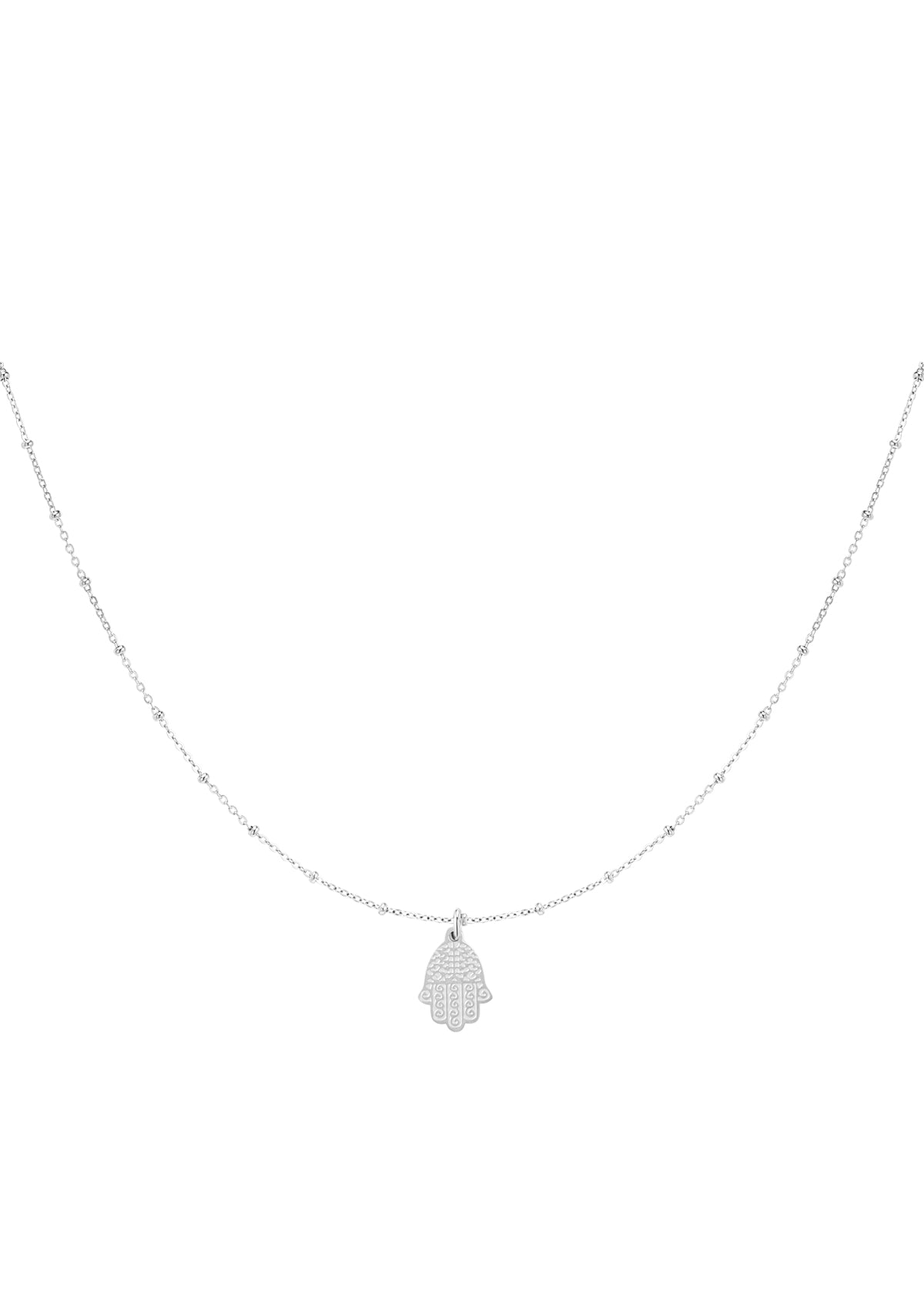 Filigrane silberne Hamsa Kette für Damen mit Hand der Fatima Anhänger, minimalistischer Halsschmuck elegant getragen
