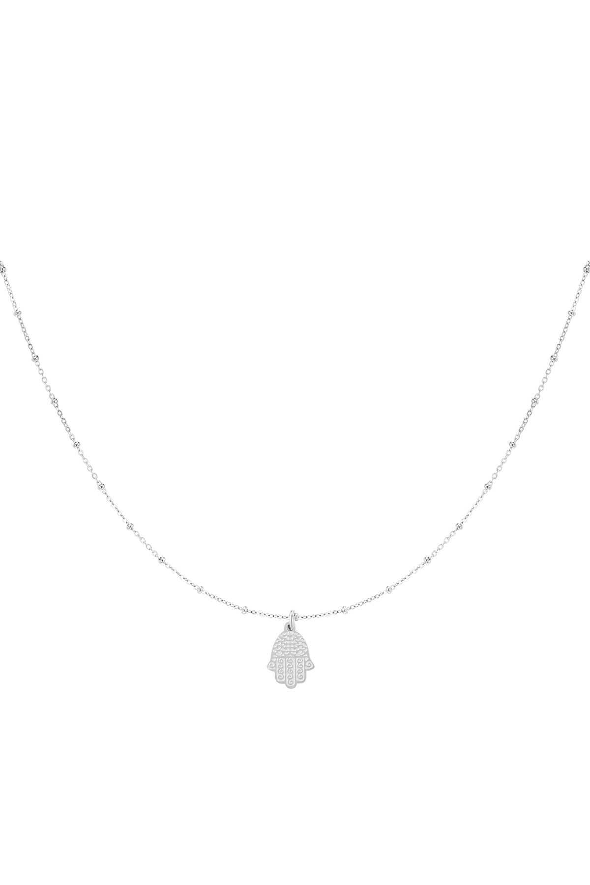 Filigrane silberne Hamsa Kette für Damen mit Hand der Fatima Anhänger, minimalistischer Halsschmuck elegant getragen