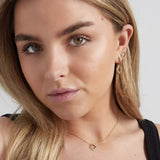 Elegantes goldenes Schmuckset für Damen mit Halskette und Ohrringen, getragen von Model, zeitloses Design mit funkelnden Details