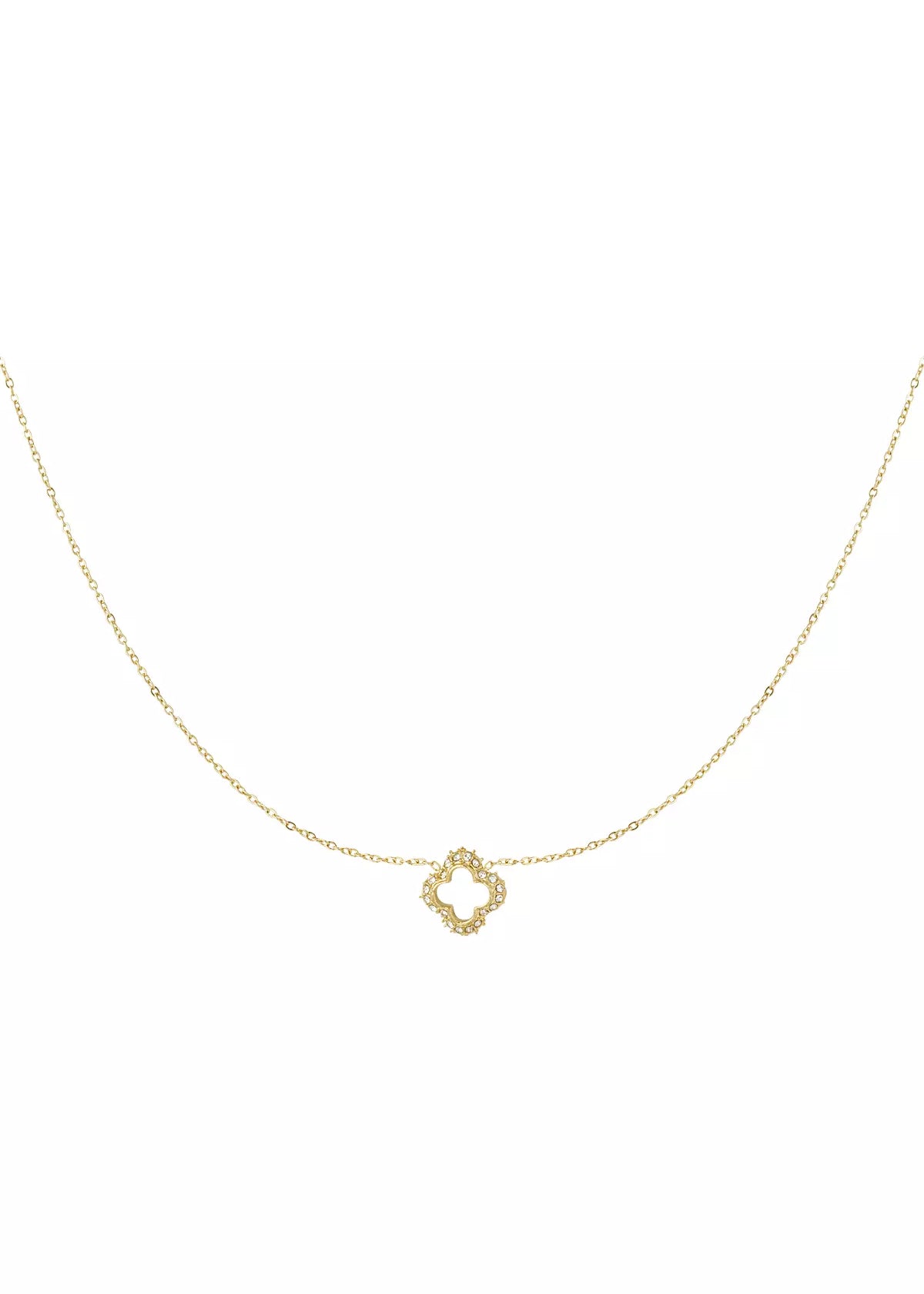 Goldene Kleeblatt Halskette mit Strasssteinen für Damen aus vergoldetem Edelstahl von OLANA W.